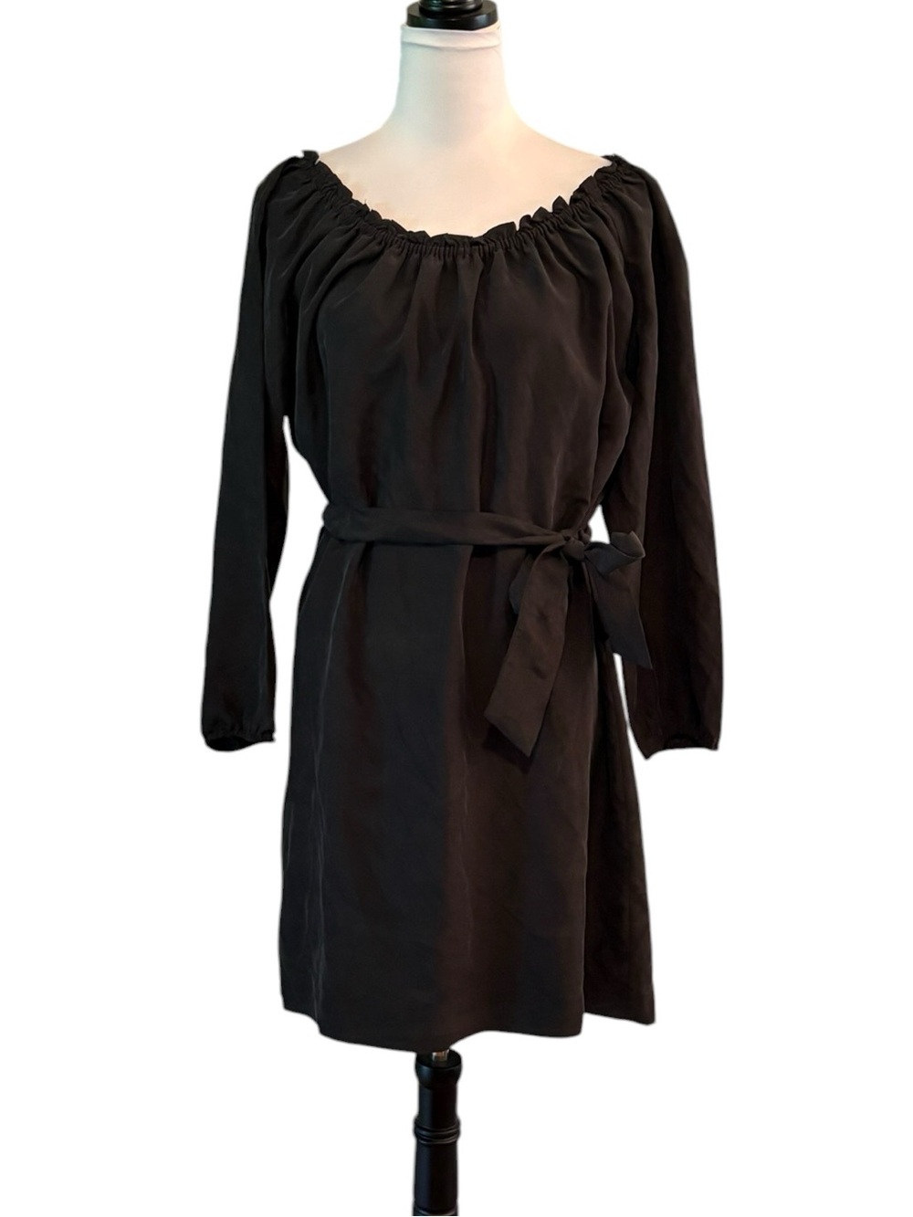 Michael Kors Black Long-Sleeve Belted Peasant Dress, Size XS
